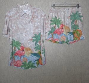 MAVRANS Mosaic Flamingo & Alligator Cabana Set | Shirt & Swim Trunks (Large)